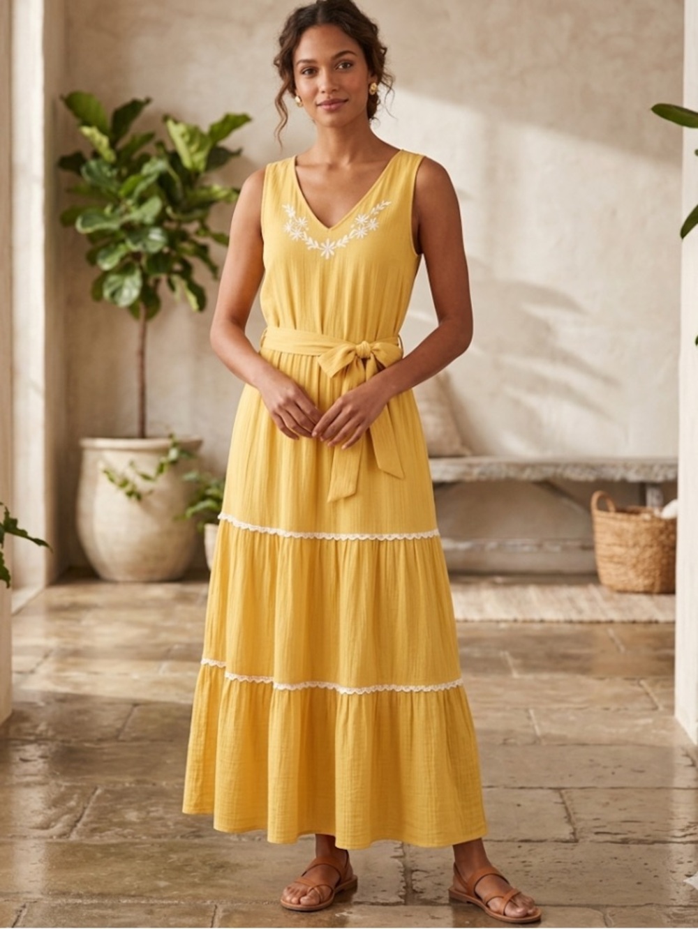 Joie Yellow Tiered
Floral Embroidered Midi Dress Size 8